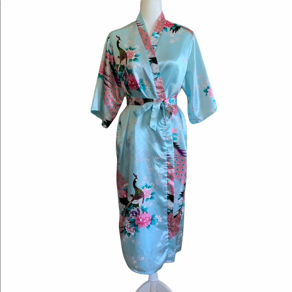 Satin Long Powder Blue Peacock Print Robe